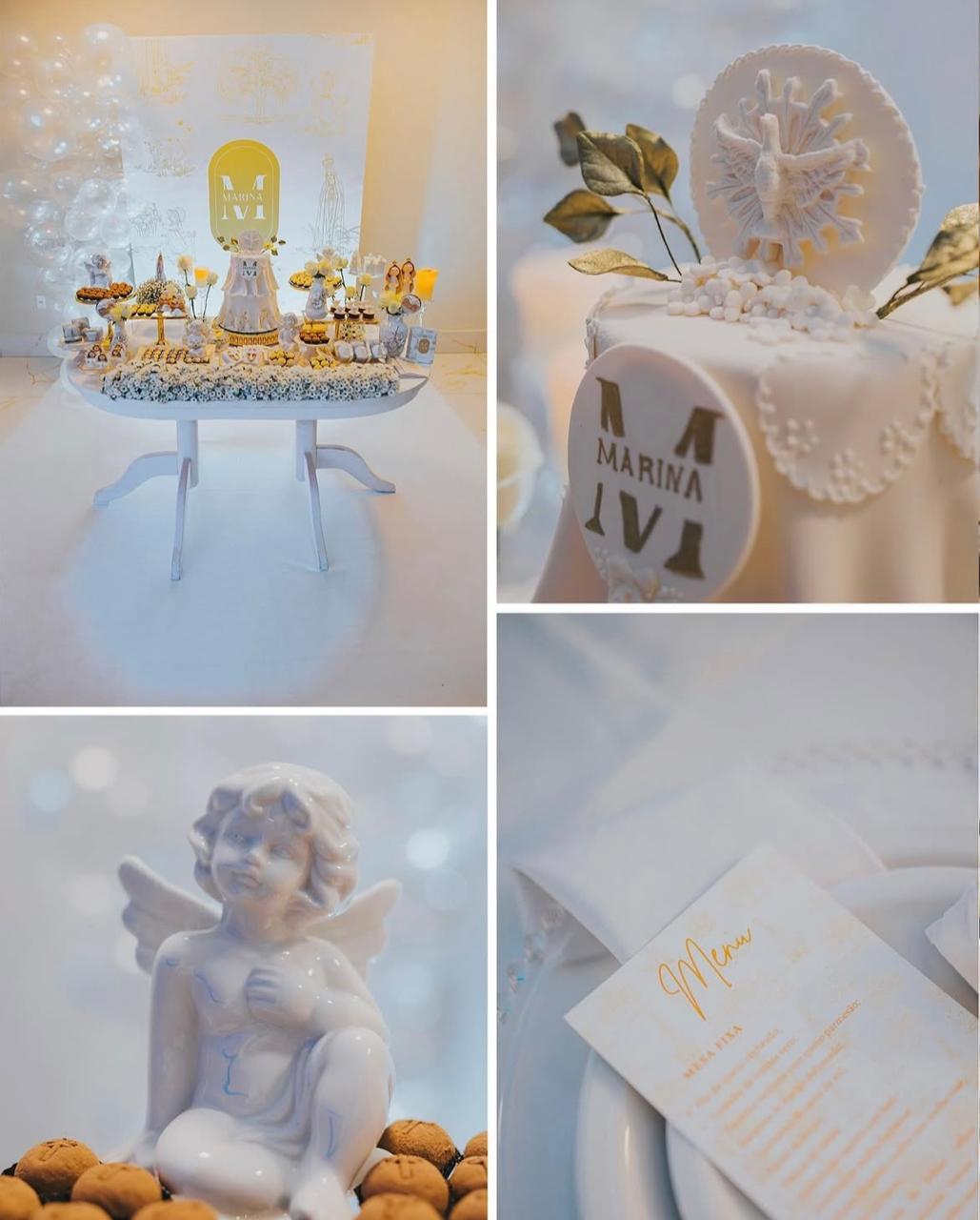 Batizado elegante com decoração branca e dourada